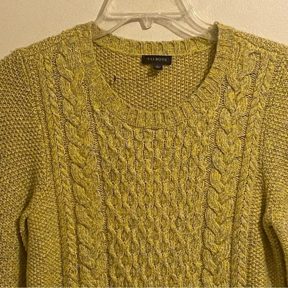 TALBOTS Merino Wool Blend Cable Knit Sweater Size S Gold/Yellow Zip Hemline - Picture 2 of 10